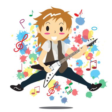 Genç çocuk çizgi film style4 içinde elektrik rock gitar mutlu aşk müzik renk arka plan karakter tasarım illüstrasyon vektör oynarken