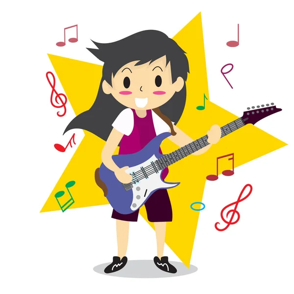 Joven Pelo Largo Tocando Guitarra Eléctrica Happy Love Music Star — Vector de stock