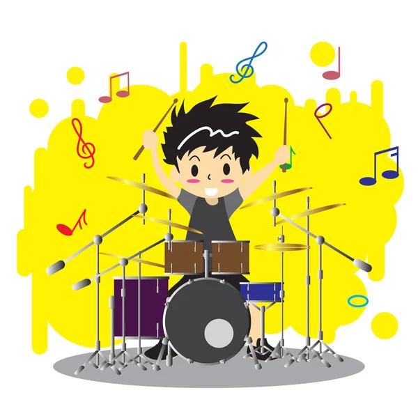 再生ドラム少年が漫画のスタイルで幸せな愛音楽色背景キャラクター デザイン イラストを設定 — ストックベクタ