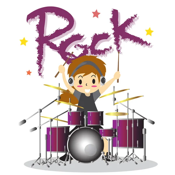 再生ドラム少年漫画のスタイルで幸せな愛音楽色岩背景キャラクター デザイン イラストを設定 — ストックベクタ