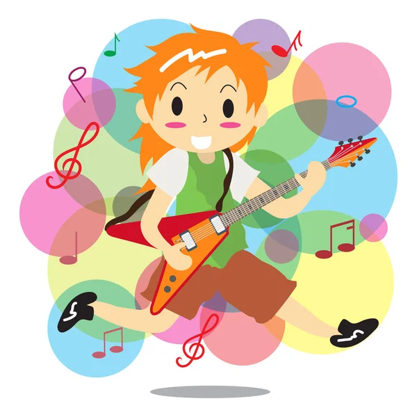 Joven Tocando Guitarra Rock Eléctrico Happy Love Color Música Diseño — Vector de stock