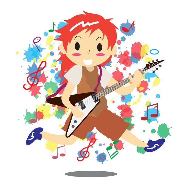 Ung Pojke Spelar Elektrisk Rock Gitarr Lycklig Kärlek Musik Färg — Stock vektor