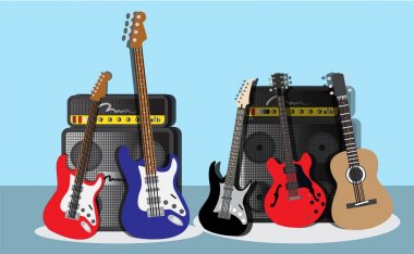 Müzik enstrümanlar gitar bas gitar ve amfi arka plan vektör illustration2