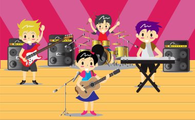 Müzisyenler ve müzik aletleri Rock band, müzik grubu ile sanatsal insanlar kavramı müzisyenler illüstrasyon vektör