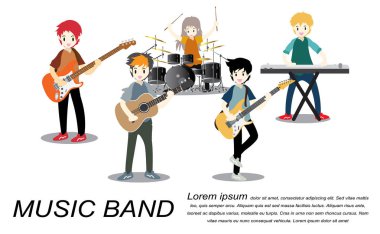 Müzisyenler rock grubu, oyun gitar, şarkıcı, gitarist, davulcu, solo gitarist, bas gitarist, klavyeci. Rock grubu. Vektör illüstrasyon izole karikatür tarzı arka planda üzerinde