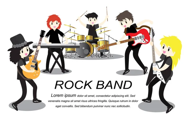 Musicians Rock Group Play Guitar Singer Guitarrista Baterista Guitarrista Solo — Vetor de Stock
