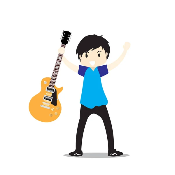 Jeune Garçon Jouant Guitare Électrique Happy Love Musique Vector Scène — Image vectorielle