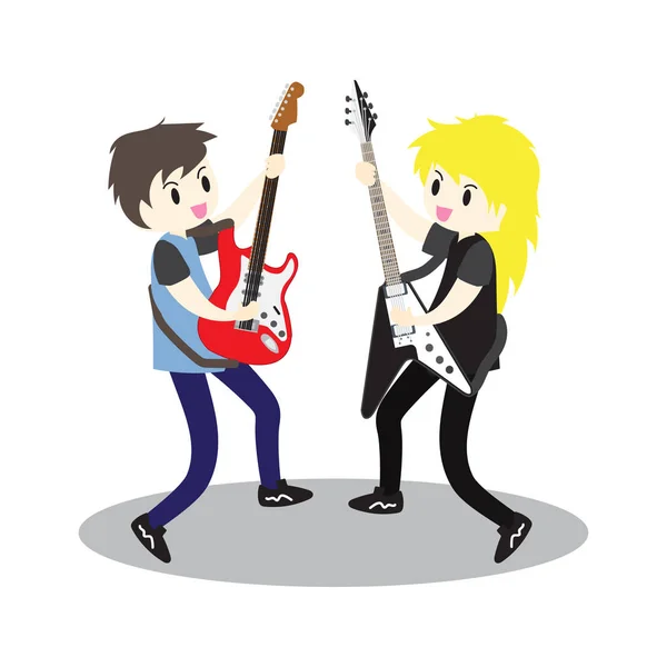 Young Boy Playing Electric Guitar Happy Love Music Vector Stage — Stock Vector