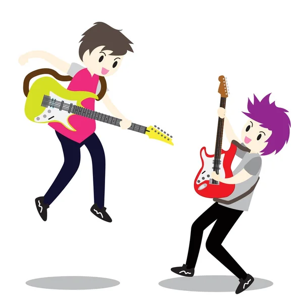 Jongen Speelt Gitaar Happy Love Music Vector Fase Achtergrond — Stockvector