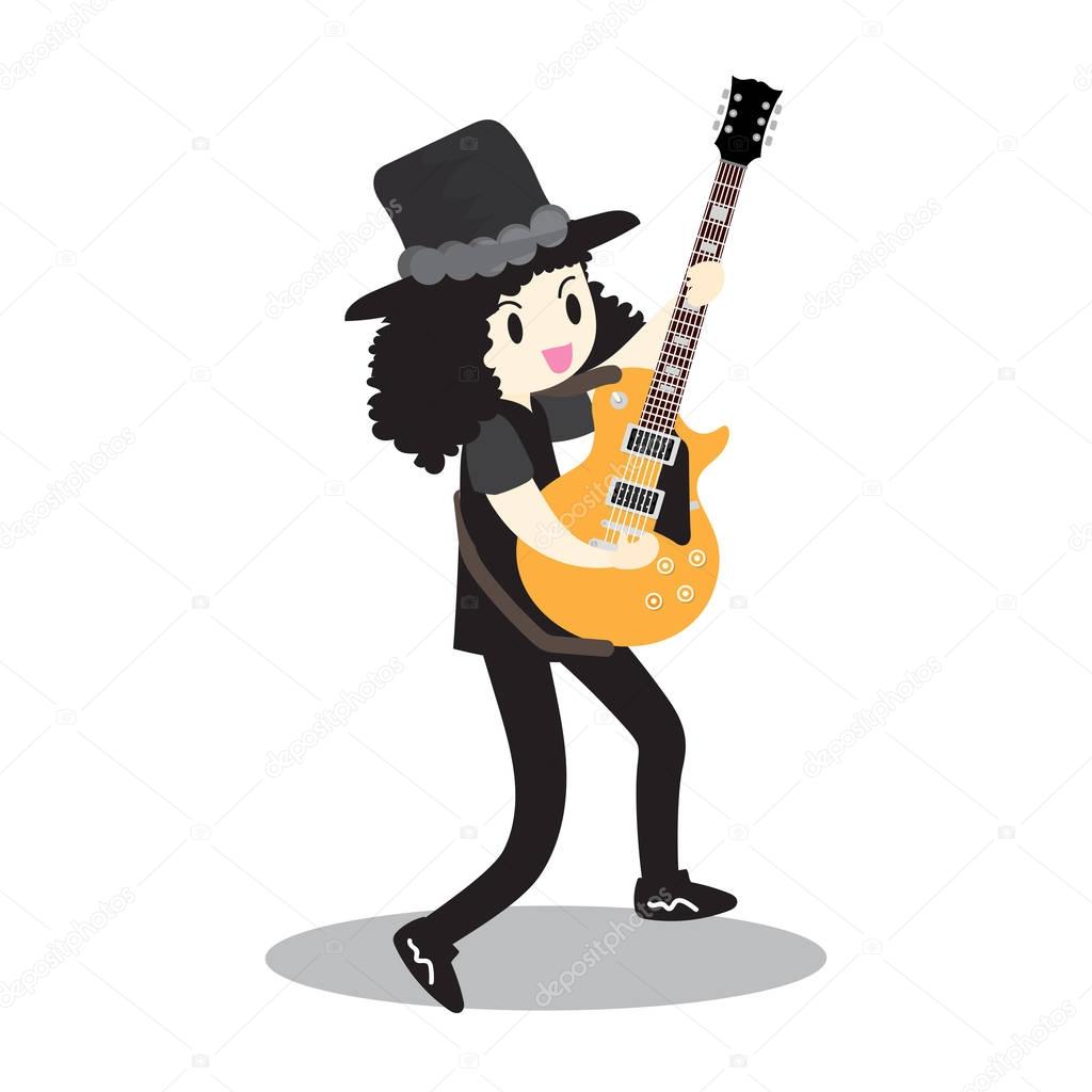 Young boy playing Electric guitar Happy Love music Vector Stage background