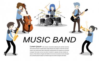 Müzisyenler caz grubu, oyun gitar, Saxophoneist; trompet çalıyor; gitarist, davulcu, solo gitarist, bas gitarist. Caz Orkestrası. Vektör illüstrasyon izole karikatür tarzı arka planda üzerinde