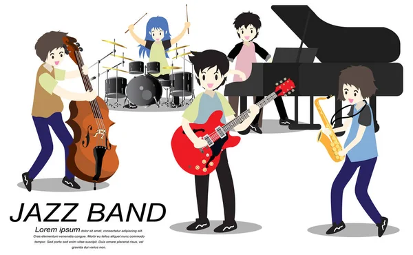 Musikerna Jazzband Spela Gitarr Basist Piano Saxofon Jazzband Vektorillustration Isolerade — Stock vektor