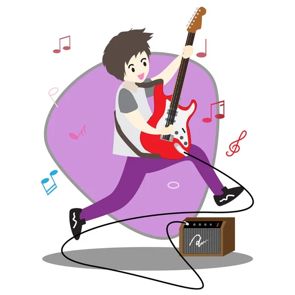 年轻男孩演奏钢琴愉快的爱音乐背景人物设计插画矢量的卡通风格 — 图库矢量图片