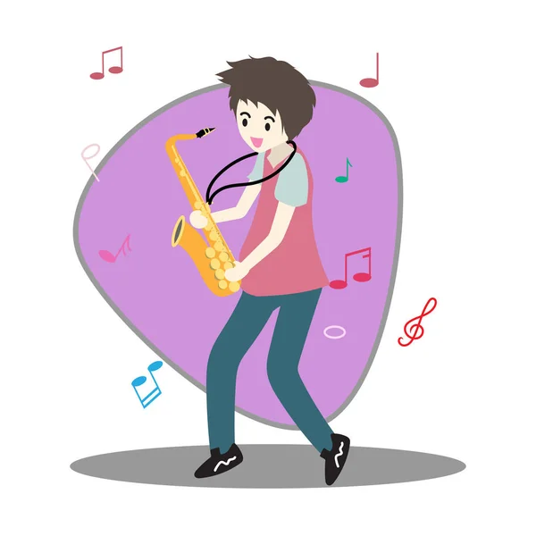 Joven Jugando Saxophone Happy Love Música Diseño Personajes Fondo Vector — Vector de stock