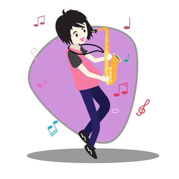 Joven Jugando Saxophone Happy Love Música Diseño Personajes Fondo Vector — Vector de stock
