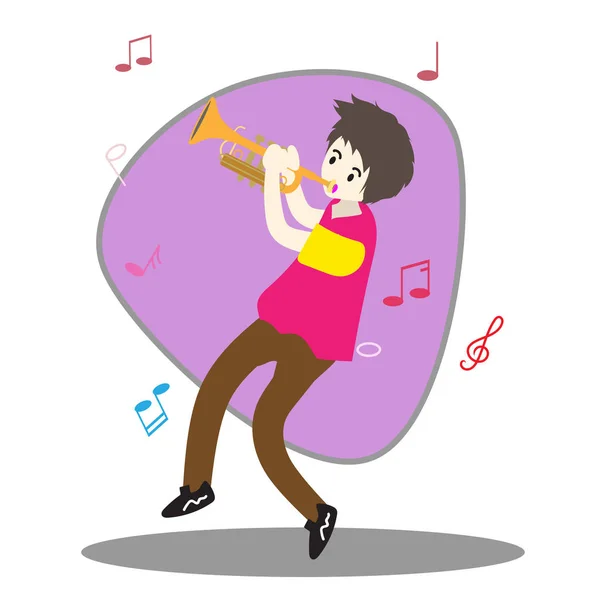 Joven Jugando Trompeta Feliz Amor Música Fondo Carácter Diseño Ilustración — Vector de stock
