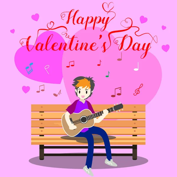 Niño Tocando Guitarra Una Silla Para Día San Valentín Feliz — Vector de stock