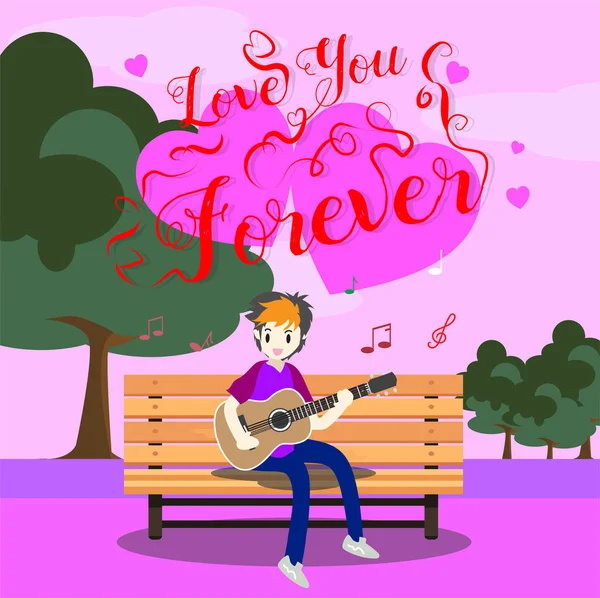 Junge Spielt Gitarre Auf Einem Stuhl Zum Valentinstag Glücklichen Valentinstag — Stockvektor
