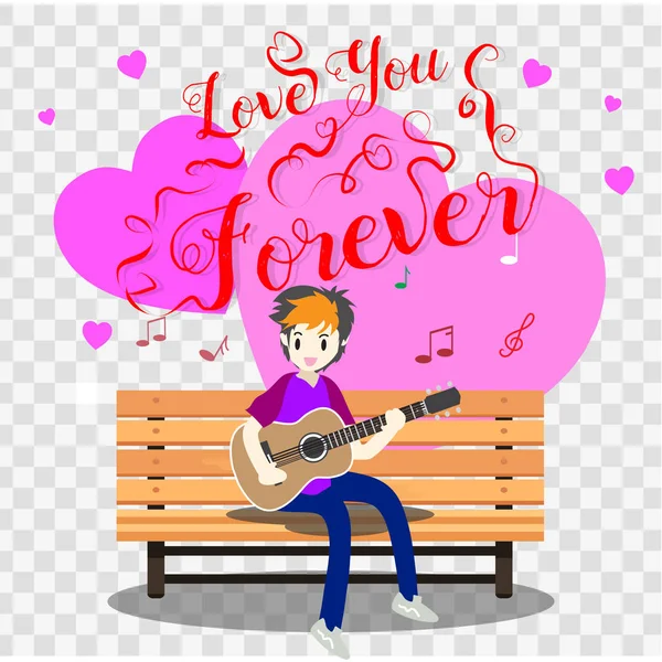 Junge Spielt Gitarre Auf Einem Stuhl Zum Valentinstag Glücklichen Valentinstag — Stockvektor