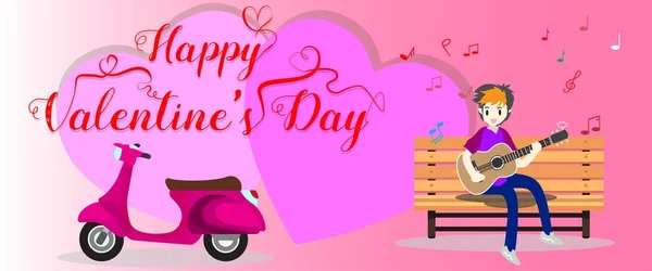 Junge Spielt Gitarre Auf Einem Klassischen Motorrad Zum Valentinstag Glücklichen — Stockvektor