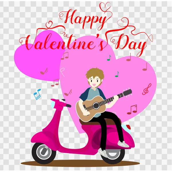 Junge Spielt Gitarre Auf Einem Klassischen Motorrad Zum Valentinstag Glücklichen — Stockvektor