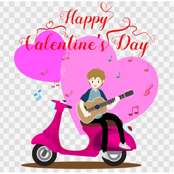 Boy Playing Guitar Classic Motorcycle Valentine Day Happy Valentine Day — Stock Vector