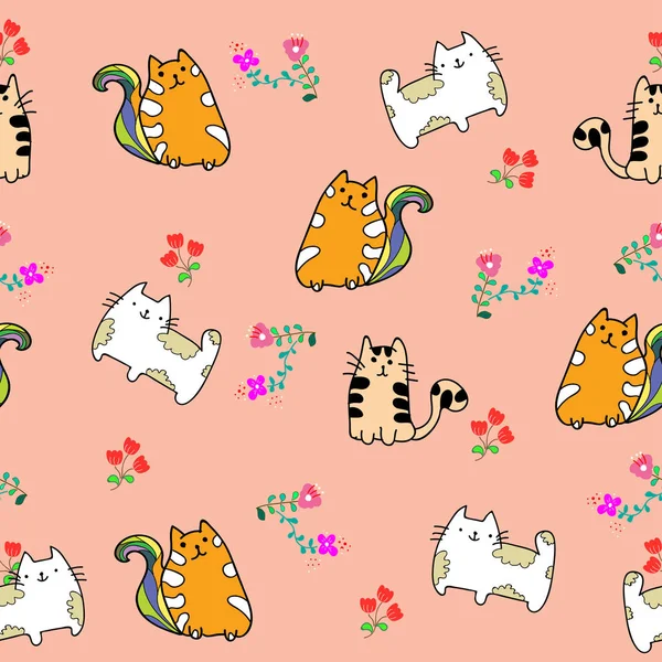 Ładny Kot Wzór Kwiatem Kolorowe Tło Wektor Ilustracja Doodle Stylu — Wektor stockowy
