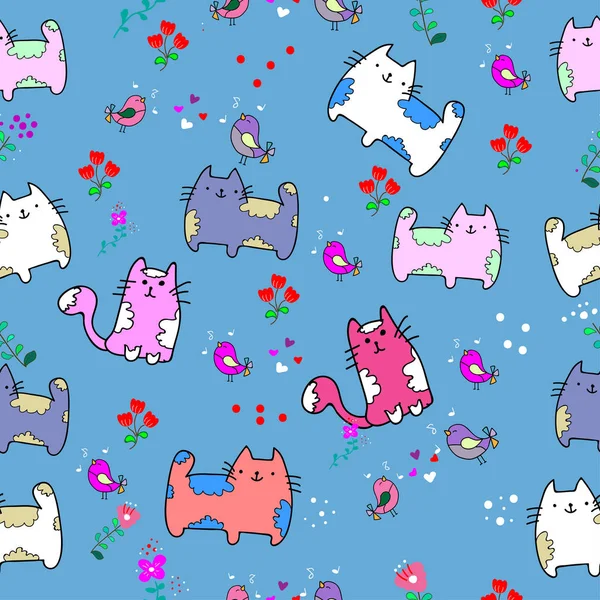 Roztomilý Kočka Vzor Bezešvé Květinou Barevné Pozadí Vektorové Ilustrace Doodle — Stockový vektor