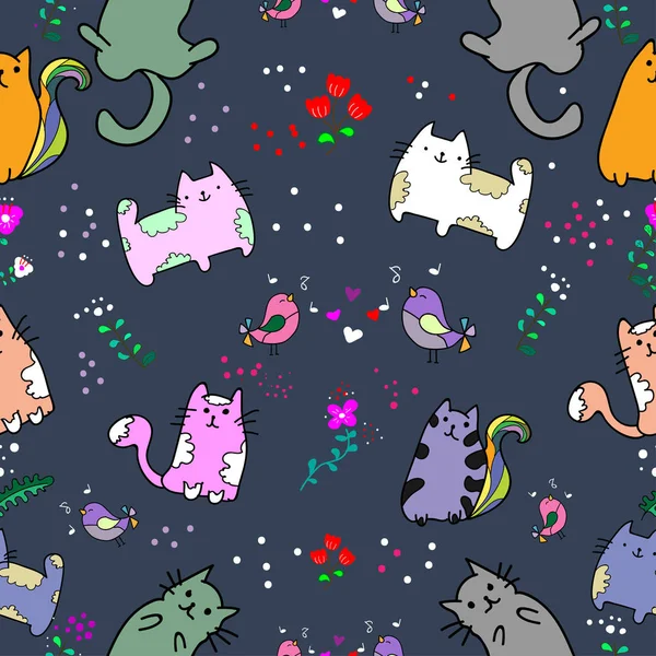 Roztomilý Kočka Vzor Bezešvé Květinou Barevné Pozadí Vektorové Ilustrace Doodle — Stockový vektor