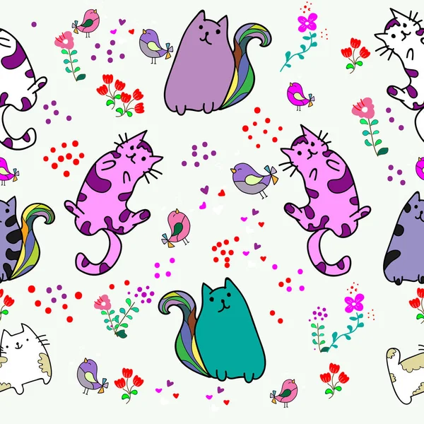 Ładny Kot Wzór Kwiatem Kolorowe Tło Wektor Ilustracja Doodle Stylu — Wektor stockowy