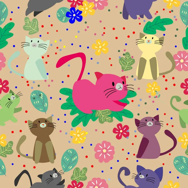 Симпатичный Cat Seamless Узор Цветком Цветном Фоне Vector Illustration Cartoon — стоковый вектор