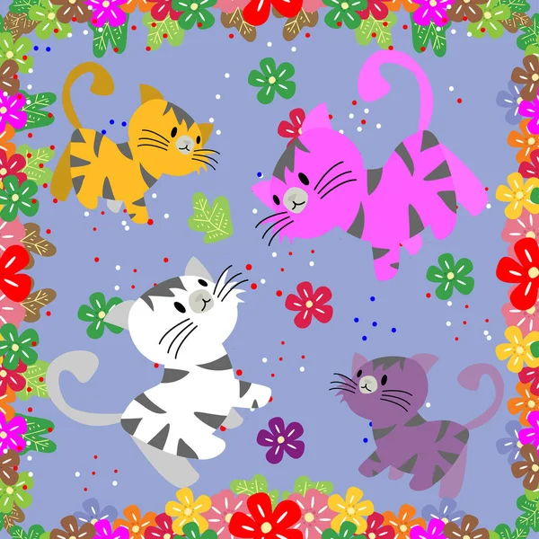 Cute Cat Seamless Pattern Flower Colorful Background Vector Illustration Cartoon — Stock Vector