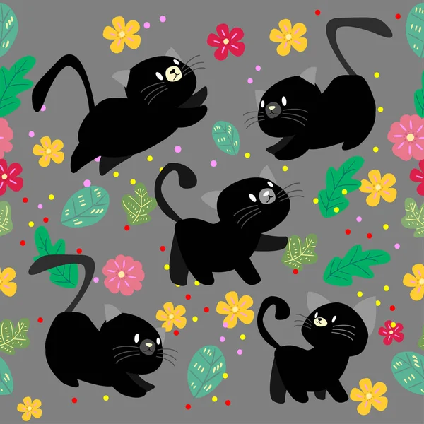 Ładny Wzór Bezszwowe Kot Kwiat Kolorowe Tło Wektor Ilustracja Stylu — Wektor stockowy