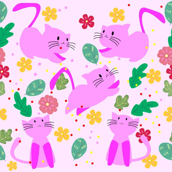 可爱的猫与花的无缝图案在彩色背景矢量插图 卡通风格 — 图库矢量图片