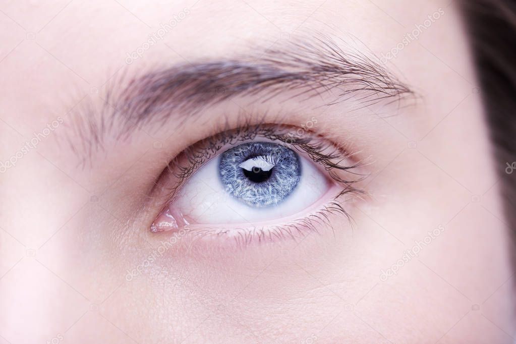 Close up image of insightful look blue human eye