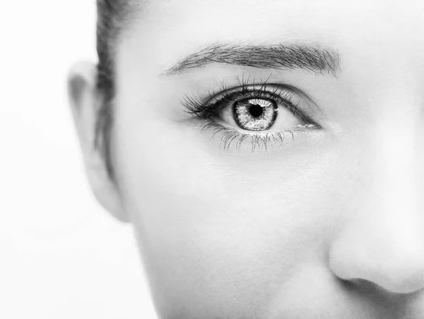 Belo olhar perspicaz olho de mulher cinza — Fotografia de Stock
