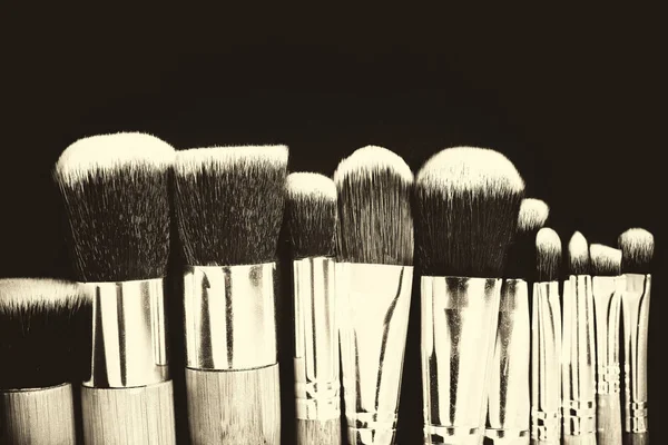 Professionell makeup borstar samling på svart bakgrund. — Stockfoto