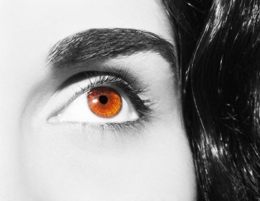 Güzel bir anlayışlı kadın bakışı. Yakın çekim.