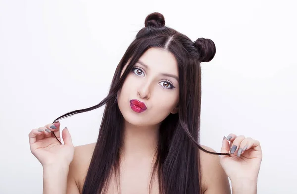 Young happy beautiful woman with bright makeup hairstyle with horns — Stock Photo, Image