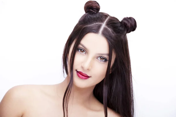 Beautiful woman with bright makeup hairstyle with horns — Stock Photo, Image