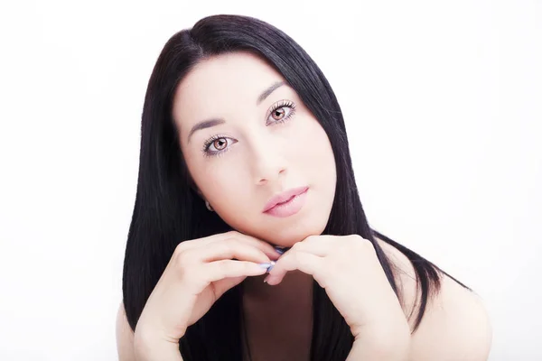 Beautiful woman face close up studio on white background — Stock Photo, Image