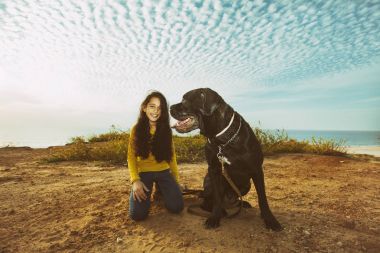 Küçük kız evde beslenen hayvan köpeğiyle oynuyor