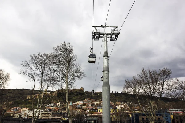 Funicular - cable cars against the gray sky — Stock Photo, Image