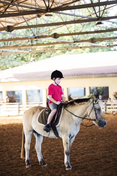 A little boy riding a horse. First lessons of horseback riding — Stock Photo, Image