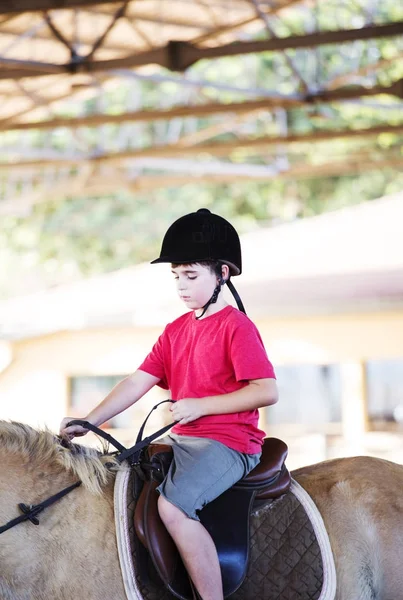 Malý chlapec jízdy na koni. První lekce jízdy na koni — Stock fotografie