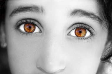 Güzel, anlayışlı bir kız gözü. Yakın çekim.