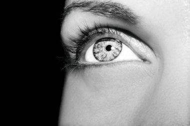 Güzel bir anlayışlı kadın bakışı. Yakın çekim.