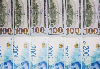 İsrail ve Amerikan banknotlar. Şekel ve Amerikan Doları.