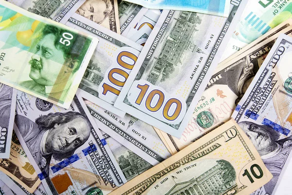 Banknoty w Izraelu i USA. Szekla i amerykańskich dolarów. — Zdjęcie stockowe