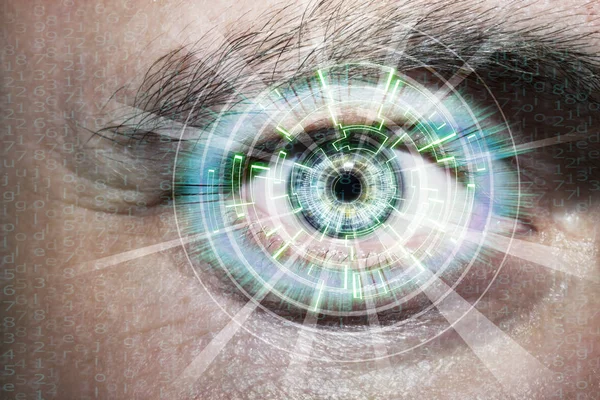 Abstrakt öga med digital cirkel. Futuristisk vision science och identifiering koncept. — Stockfoto